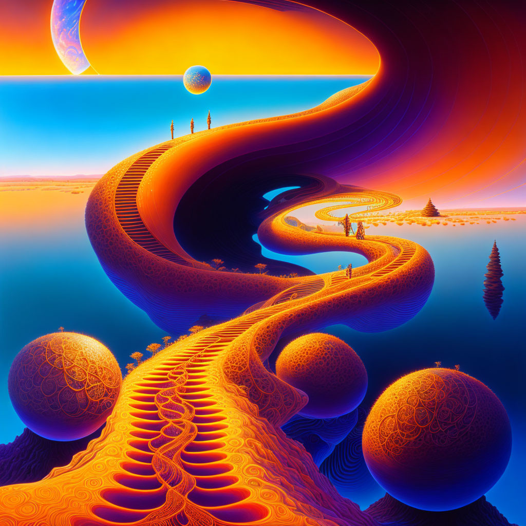 Colorful surreal landscape with orange path, spherical patterns, small figures, and celestial bodies.