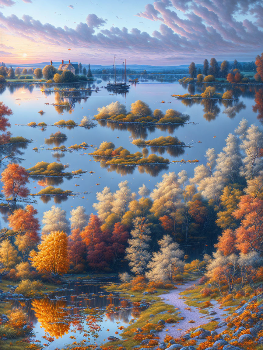 Tranquil autumn sunrise over lake with vibrant foliage and sailboat