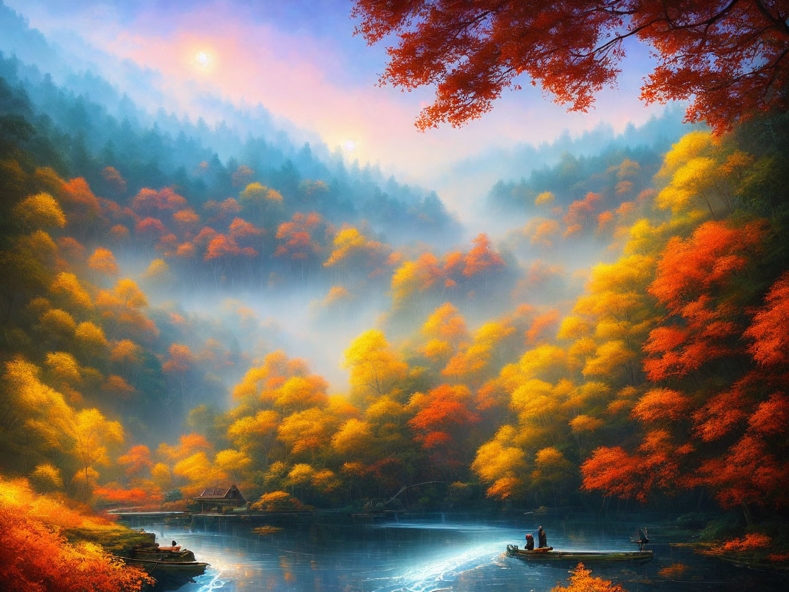 Tranquil autumn river landscape with vibrant foliage and small boats