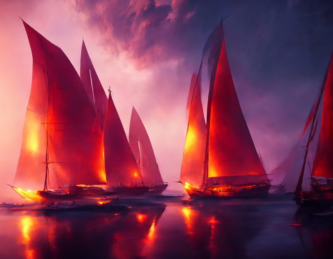 Glowing red sails on sailboats under purple and pink sky