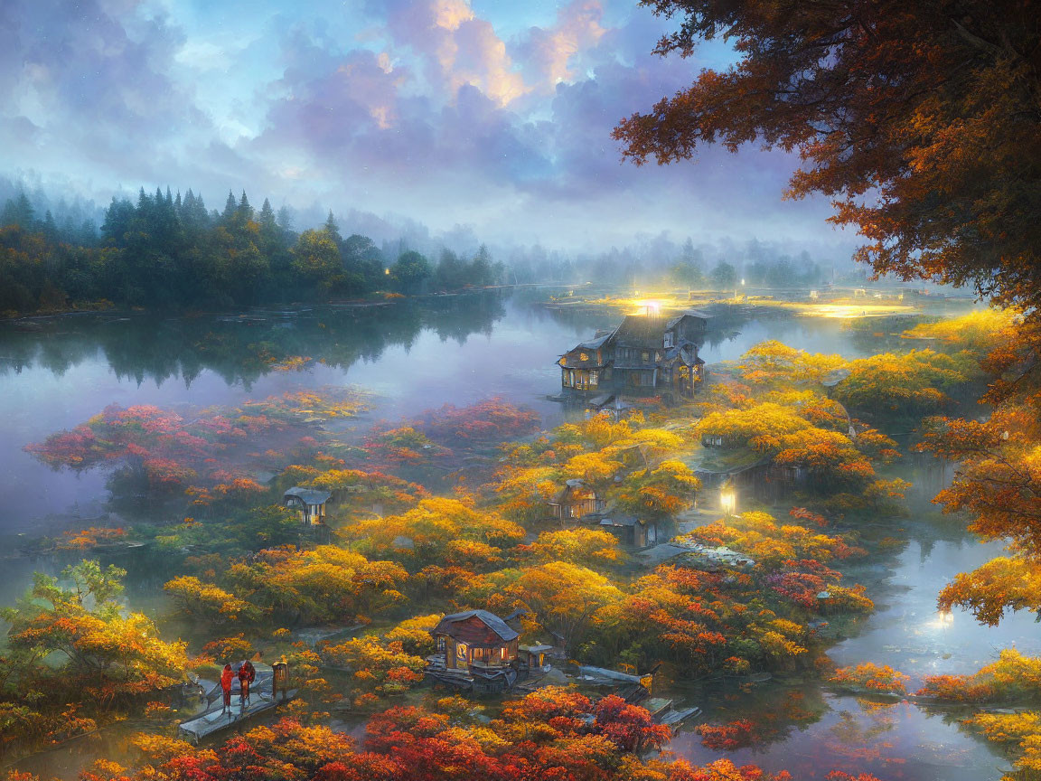 Tranquil autumn lake scene with stilt house and couple walking at dusk