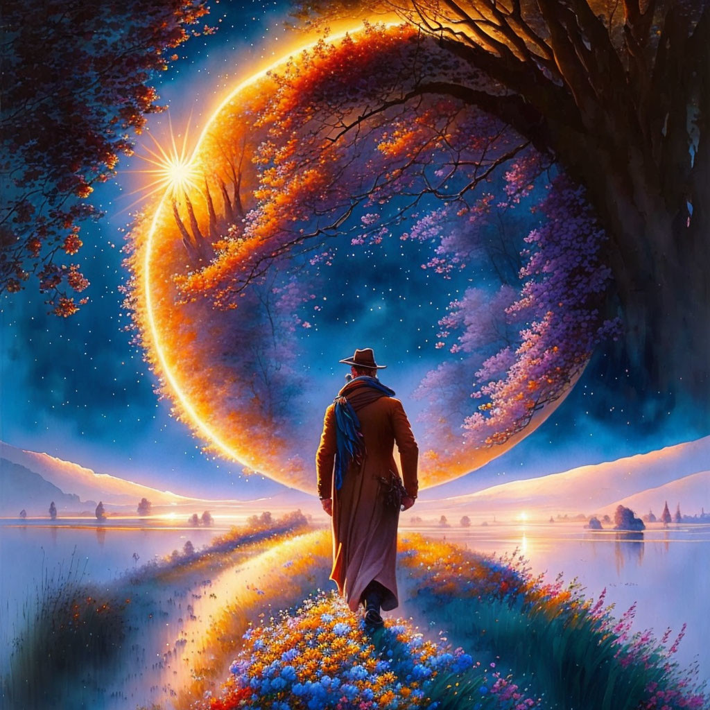 Person in Cloak Approaches Cosmic Portal in Twilight Scene