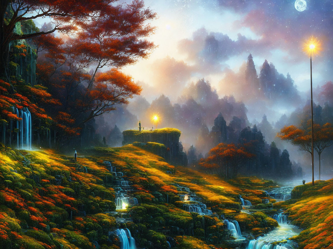 Fantasy landscape with waterfalls, lamppost, greenery, autumn trees, starlit sky