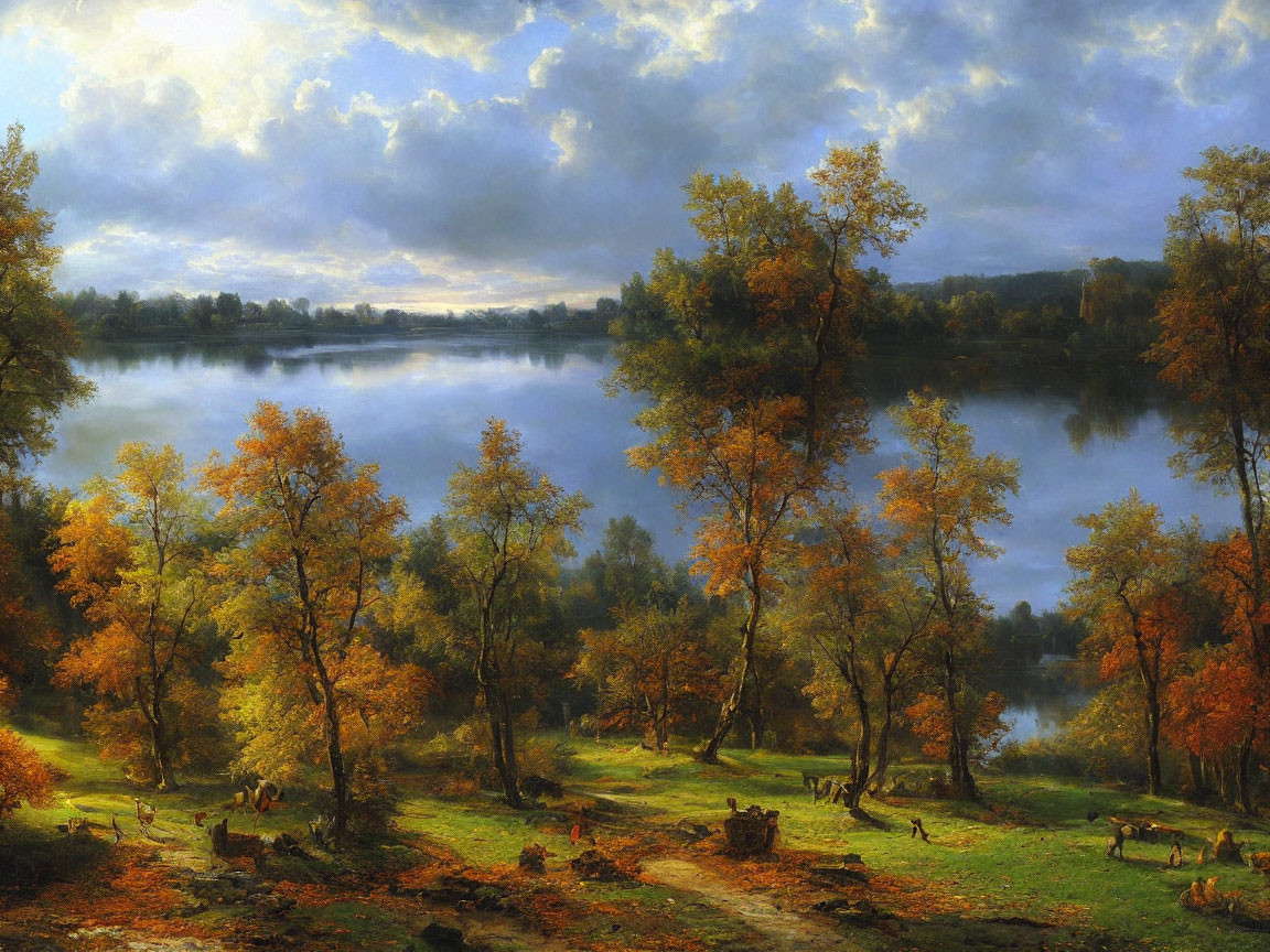 Serene autumn lake landscape with figures in period clothing