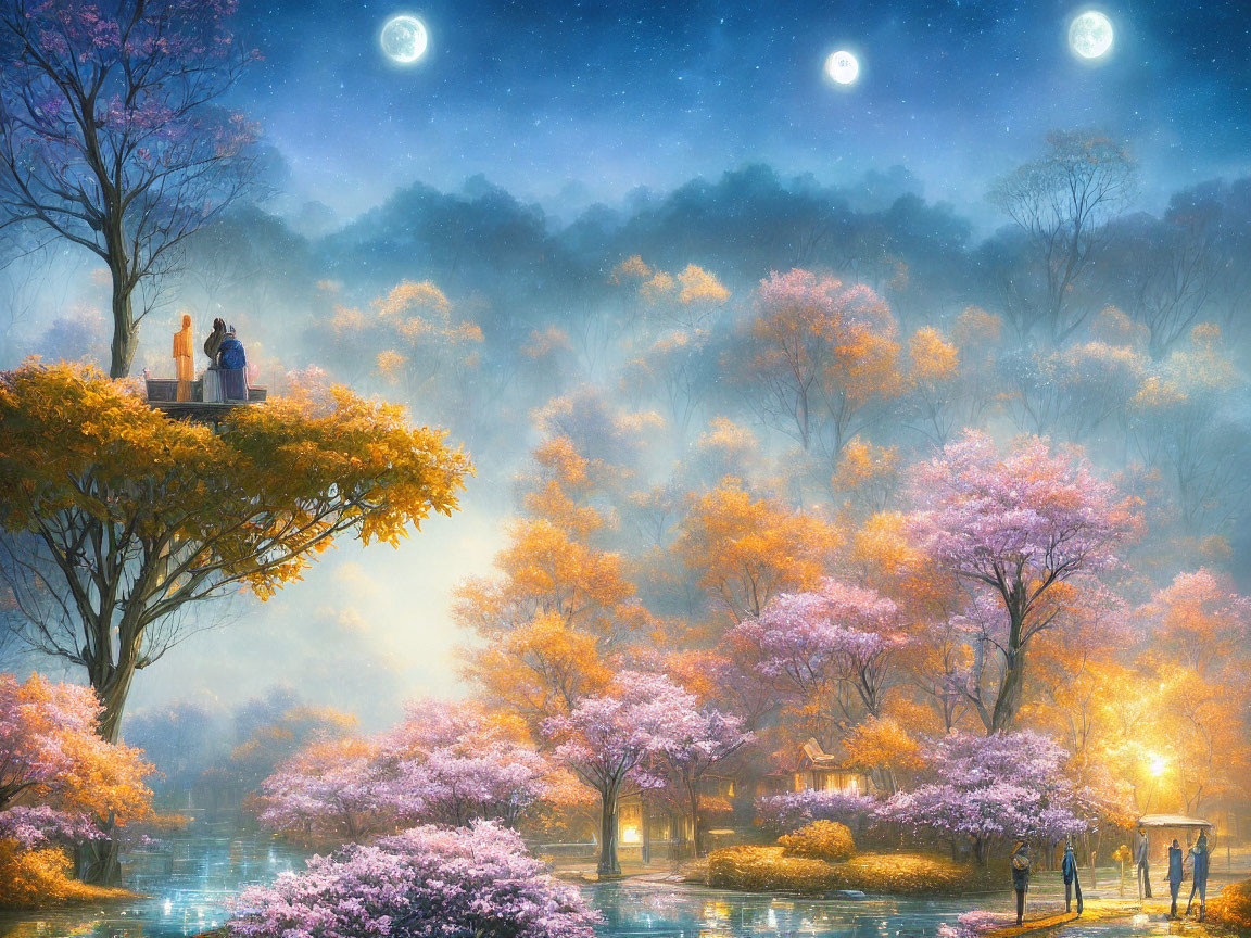 Enchanting night scene with cherry blossoms, misty glow, wandering figures, and dual moons