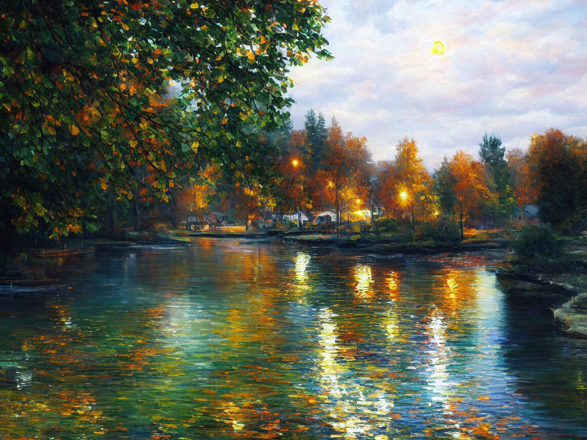 Tranquil river painting: autumn trees, moonlit sky