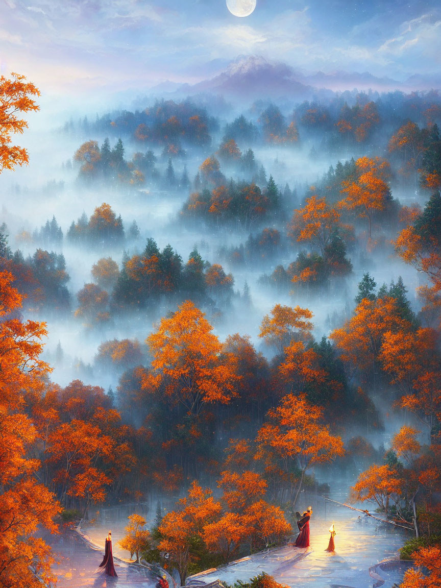 Enchanted forest with autumn trees, mist, moonlit sky, two figures walking