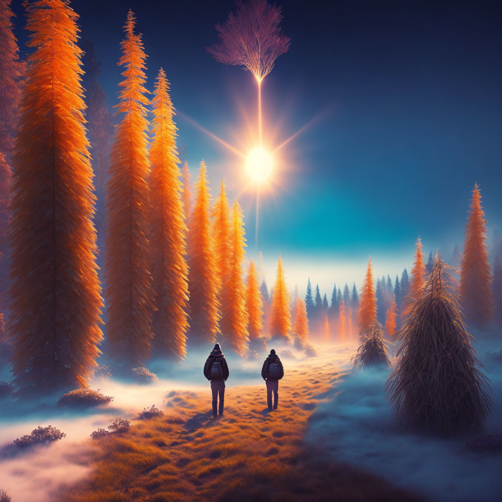 Surreal mist-covered forest with two individuals under a bright sun