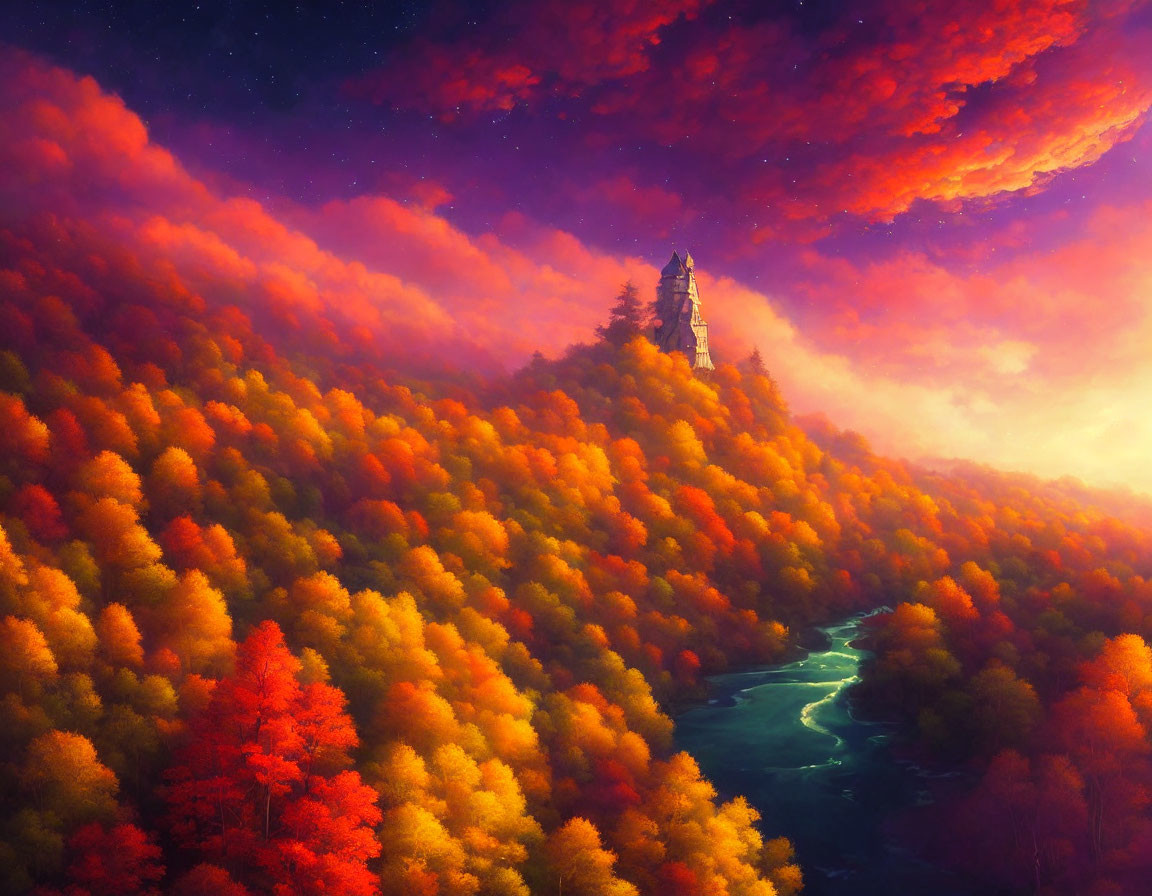 Scenic autumn forest with river, castle, and dramatic sky