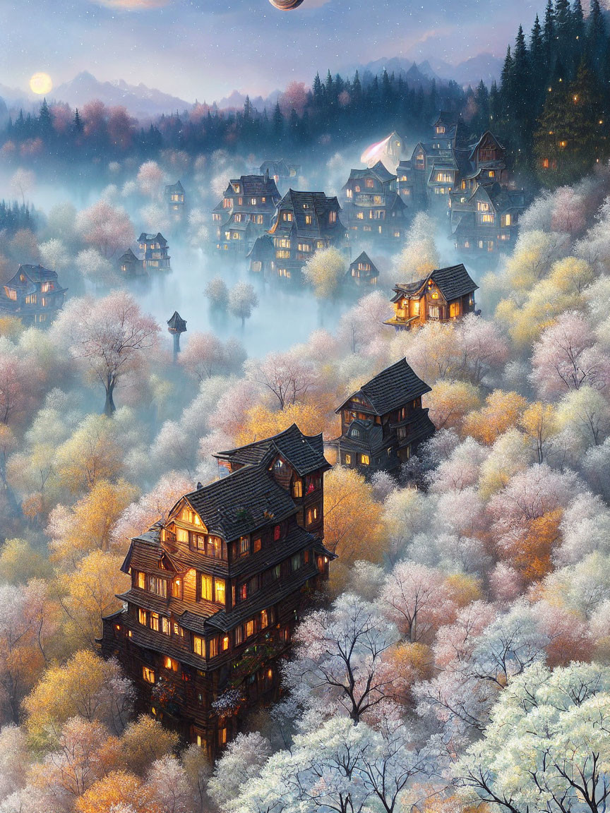 Illuminated village in misty mountain landscape at dusk