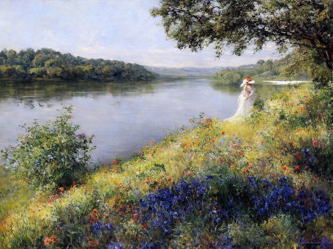 Tranquil river landscape with woman in white dress