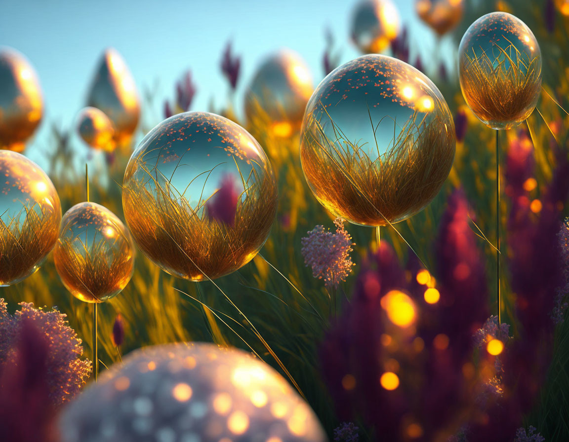 Golden light reflects on hovering spheres in meadow at dusk