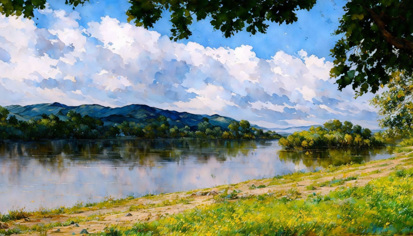 Scenic riverbank with yellow flowers, rolling hills, and blue sky