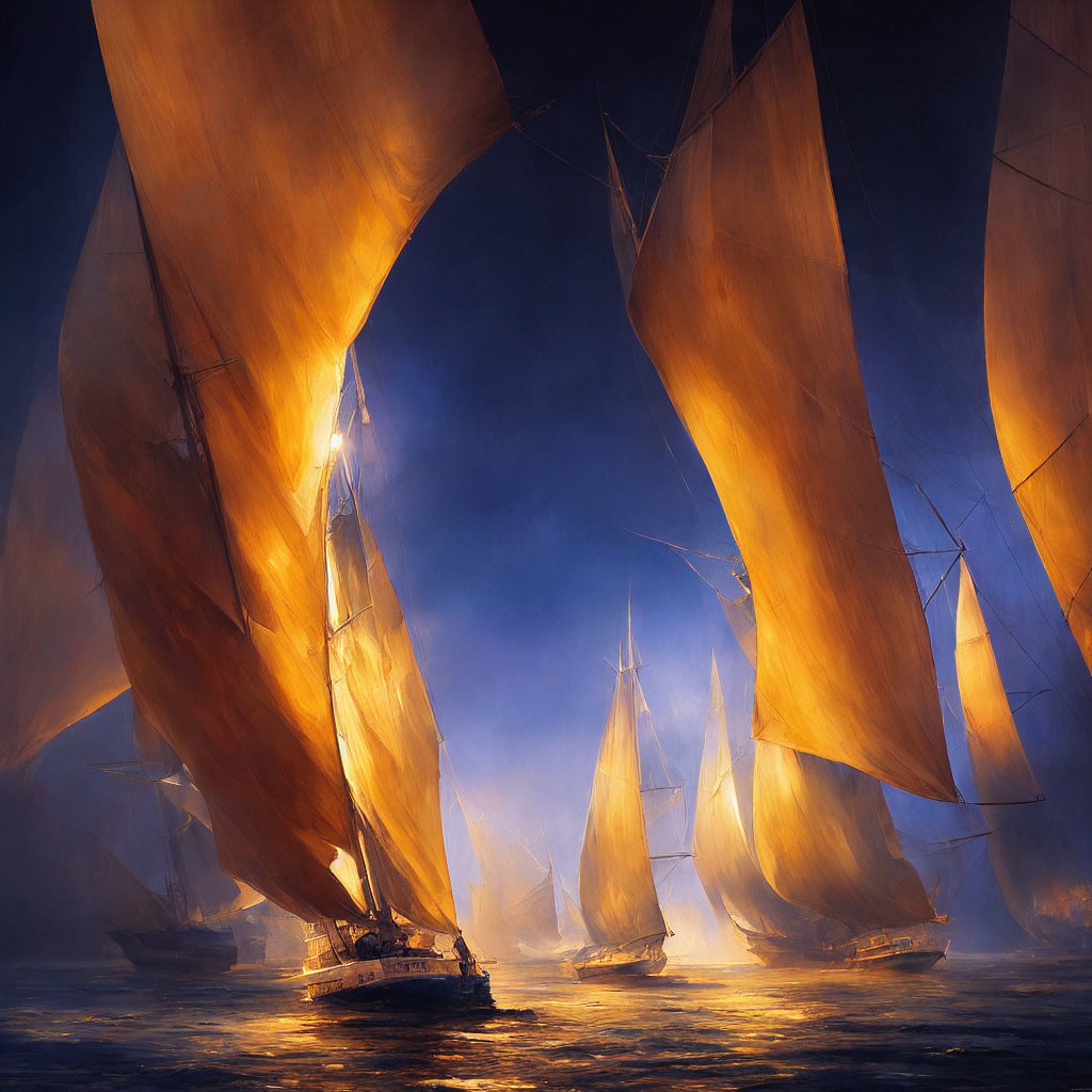 Golden-sailed fleet sailing through misty waters