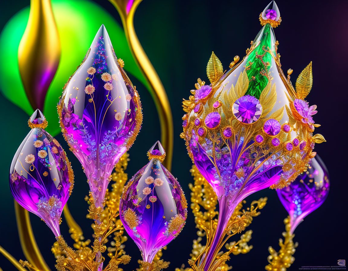 Colorful Digital Artwork: Ornate Fantasy Flowers with Golden Filigree