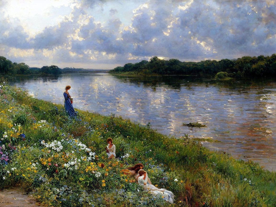 Tranquil riverside scene with woman, children, lush flowers, and cloud-filled sky