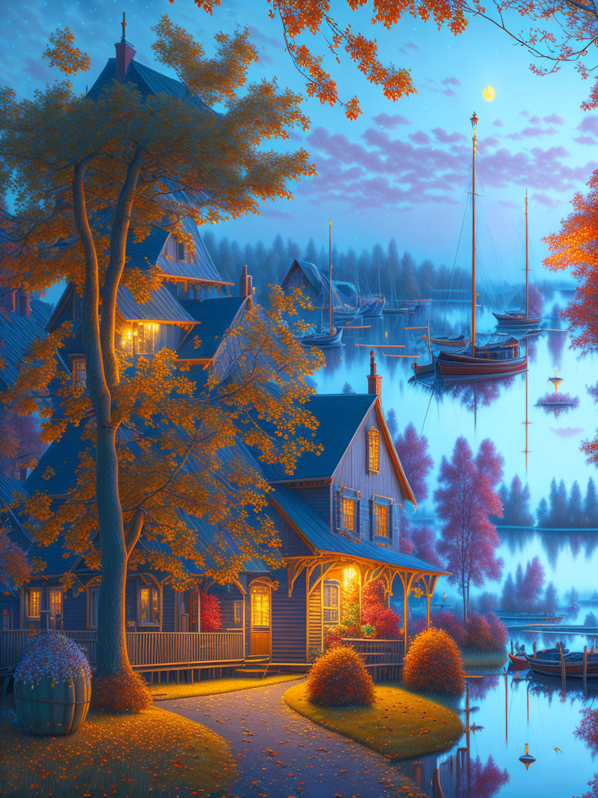 Tranquil autumn dusk with orange leaves, lake, sailboats, and cozy lit homes