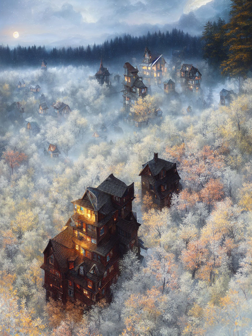 Enchanting wintry village in foggy forest with glowing lights