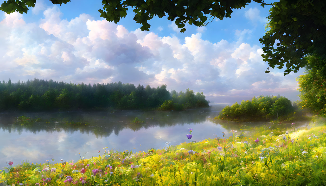 Tranquil landscape with river, trees, wildflowers, and sunrise