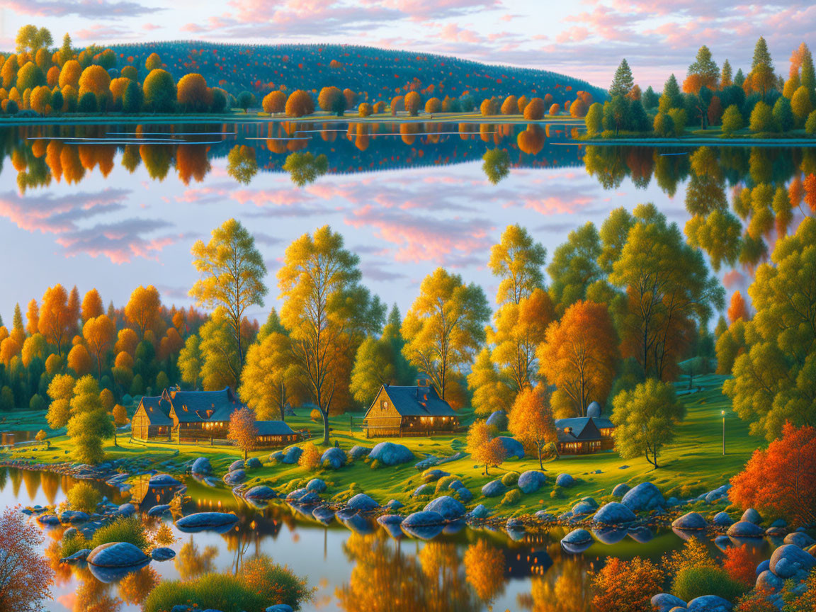 Vibrant autumn trees, calm lake, cozy cabins, and rocky shoreline.