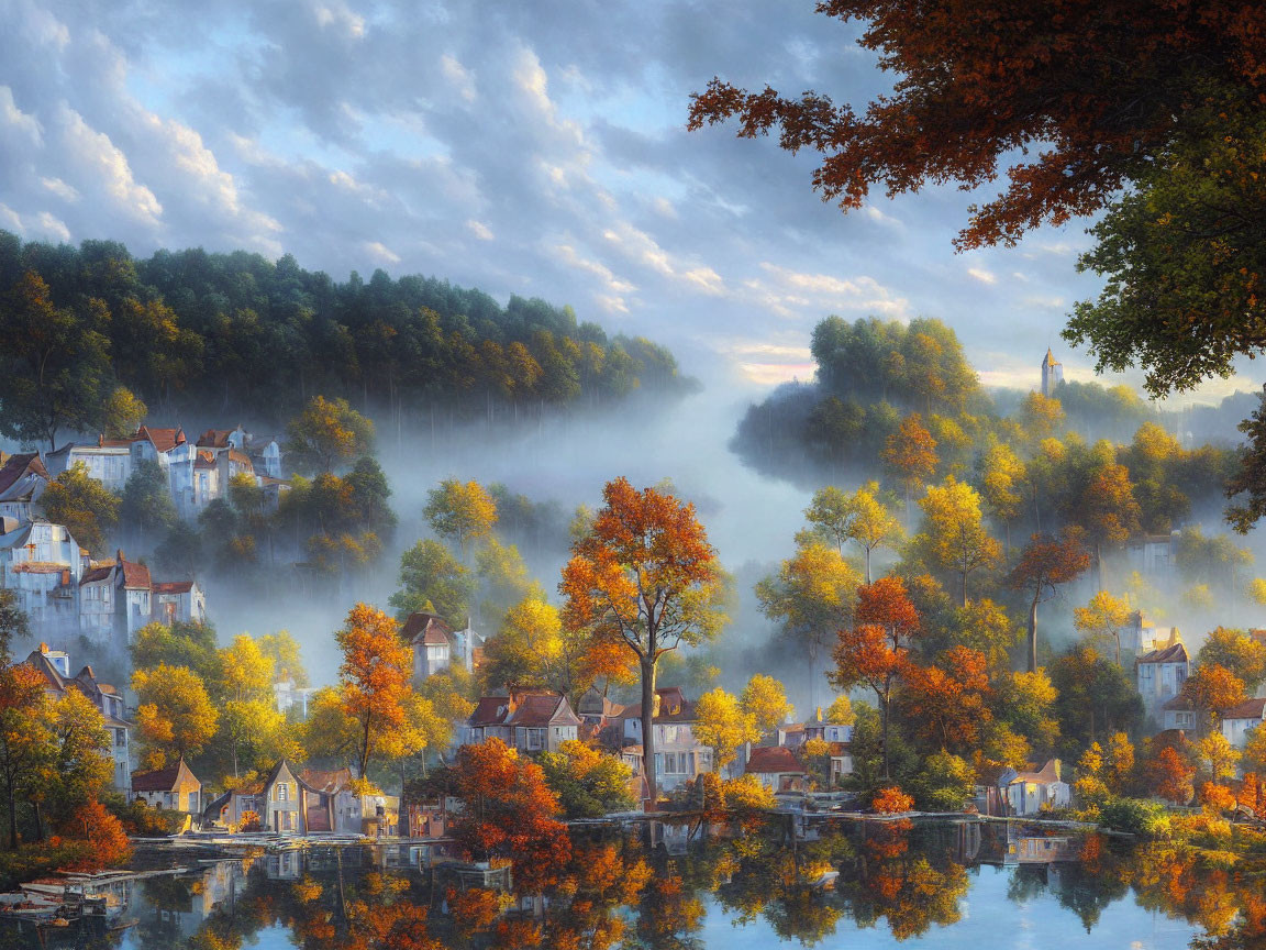 Autumn village by misty river under sunrise