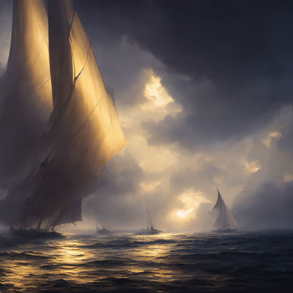 Sailing ships on stormy seas under a dramatic sky