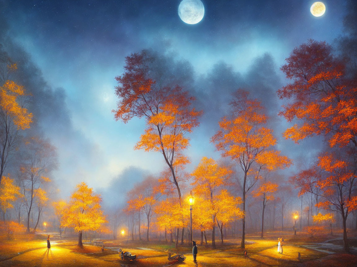 Night scene of autumn park with golden foliage, glowing lamps, full moon, hazy atmosphere, and