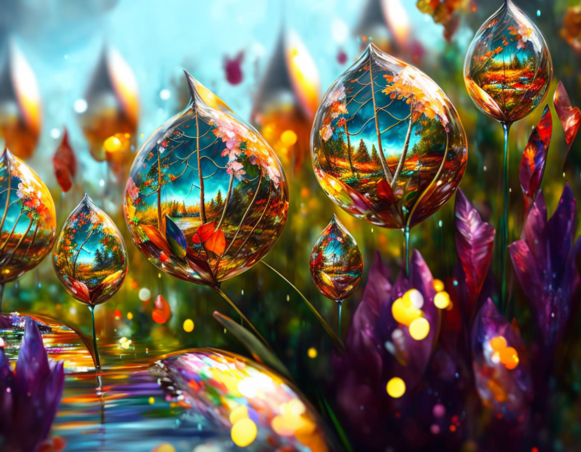 Colorful fantasy landscape with glass-like floral structures and luminous plants.