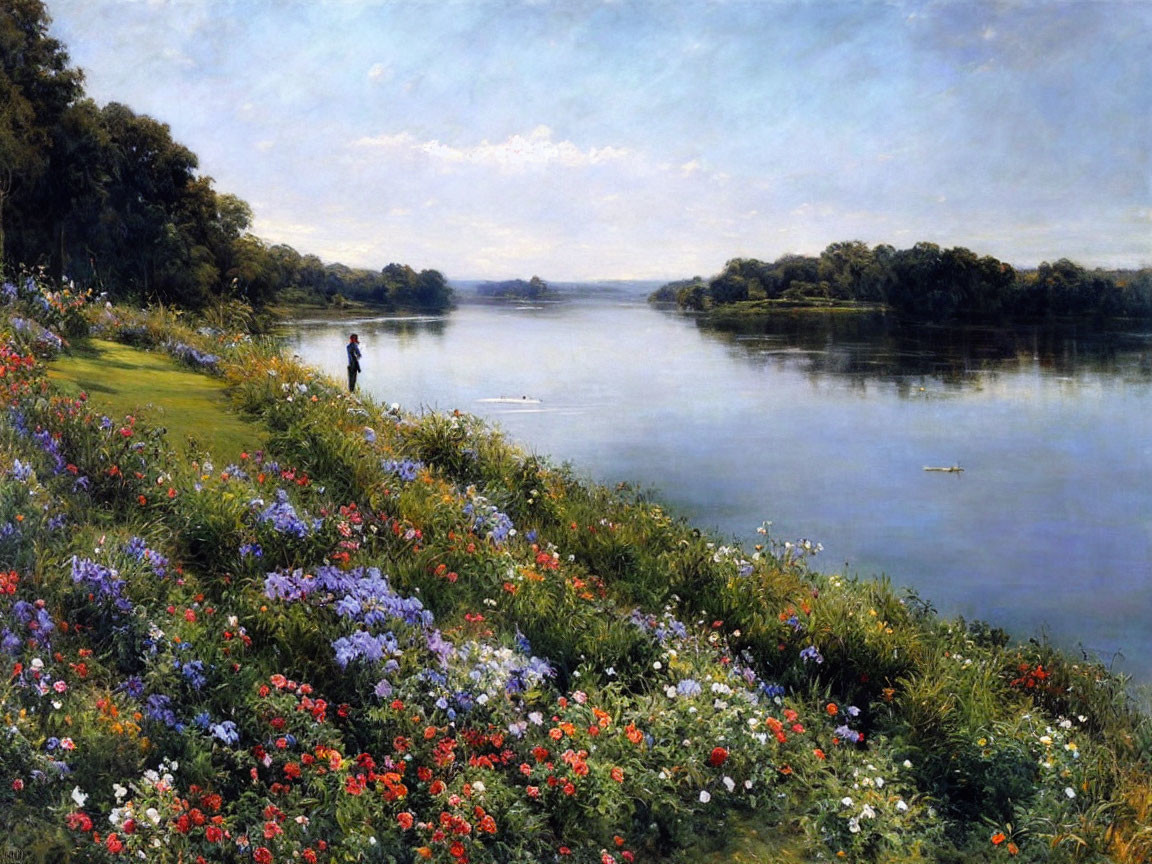 Tranquil landscape painting of lush riverbank and wildflowers