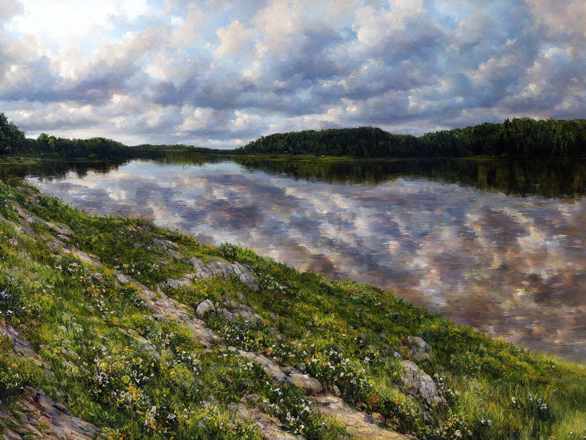 Tranquil landscape with river, cloudy sky, greenery, wildflowers