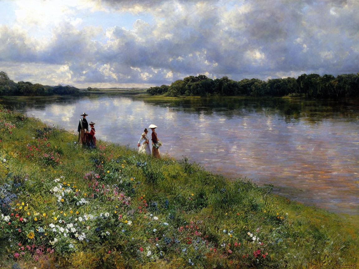 Scenic riverbank with two women and child among wildflowers