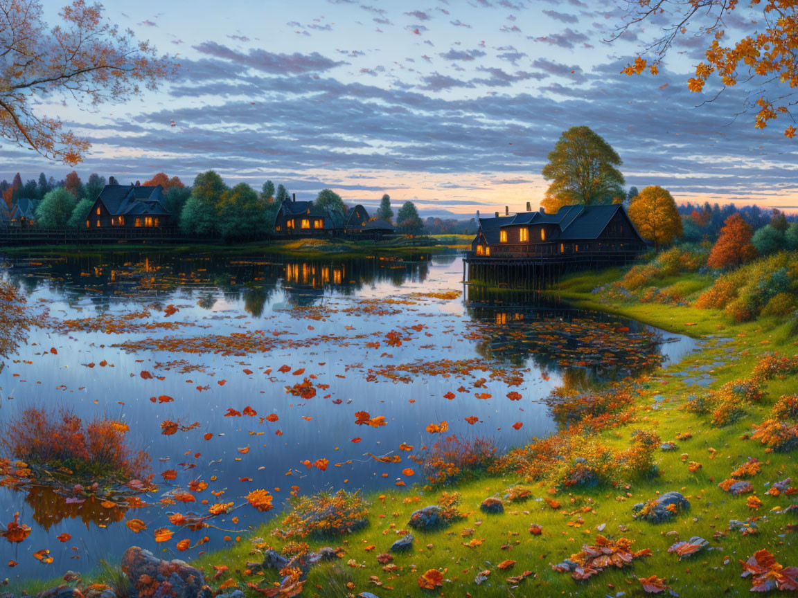 Tranquil lakeside scene at dusk with wooden houses and autumn foliage.