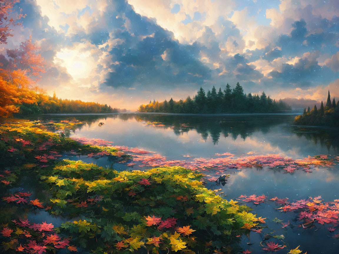 Autumn lake scene with colorful foliage and sun rays reflecting on water