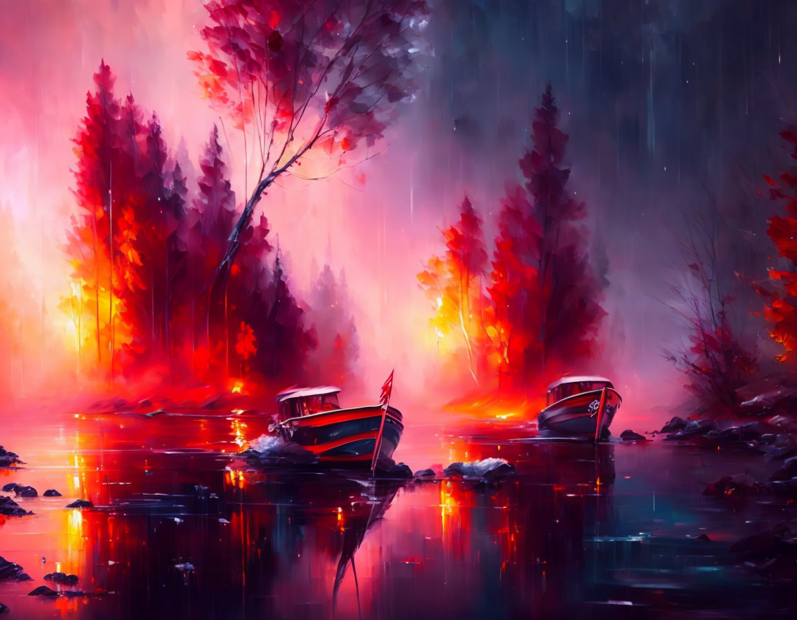 Surreal red-tinged forest landscape with reflecting water and boats