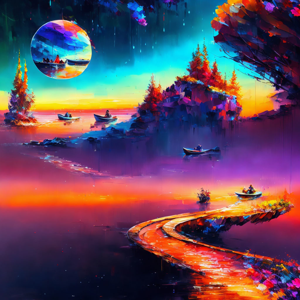 Colorful surreal landscape with boats, sunset, and moon