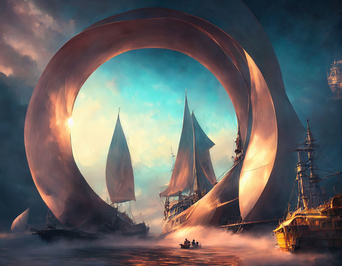 Sailing ships through massive ring structure on mystic sea at sunset