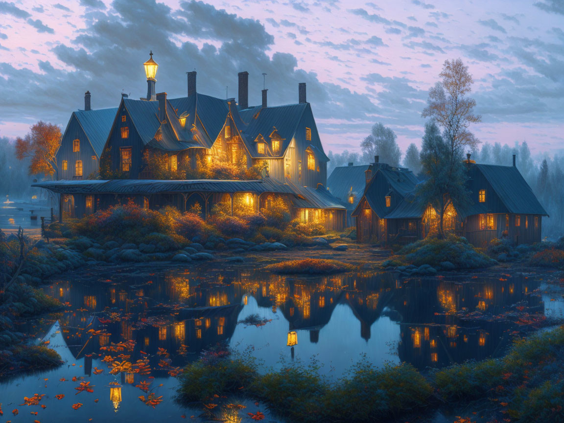 Tranquil fall twilight with illuminated house and pond