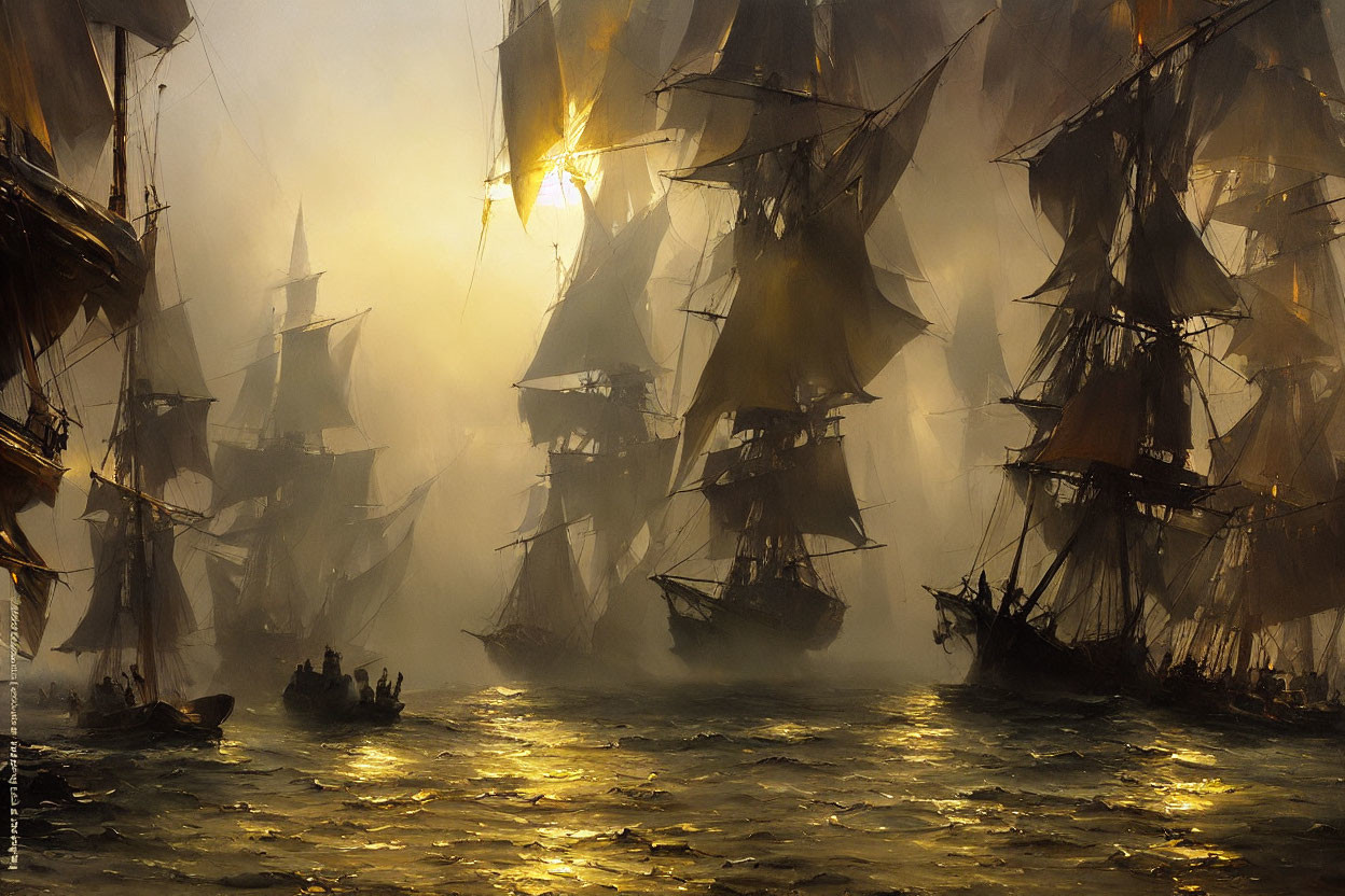 Tall ships with billowing sails on misty golden sea