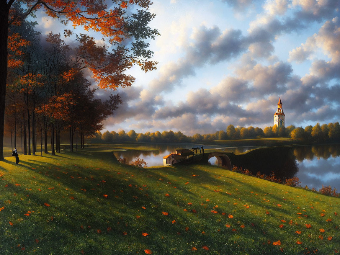 Tranquil autumn scenery: lake, boat, bridge, church tower, colorful trees, cloudy sky