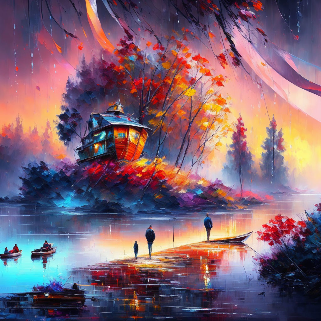 Vibrant digital painting of lakeside scene with autumn trees, house, reflections, people, and