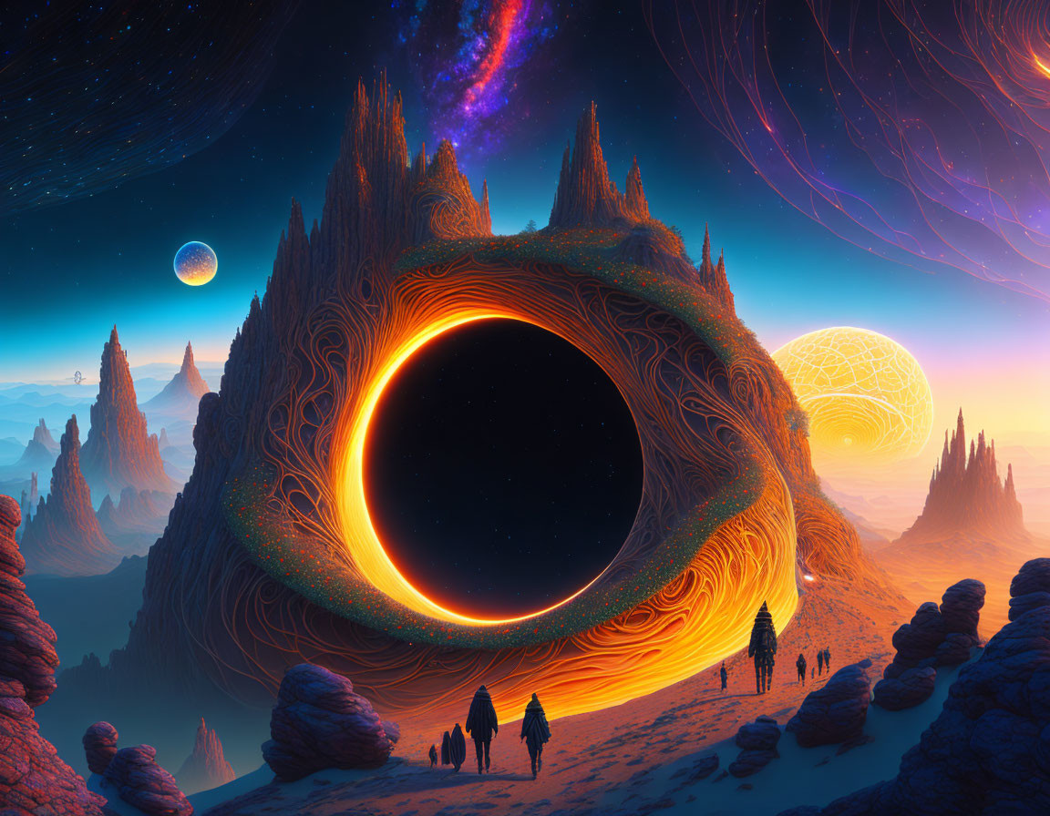 Surreal landscape with figures, glowing portal, rocky spires, two moons, vibrant skies.