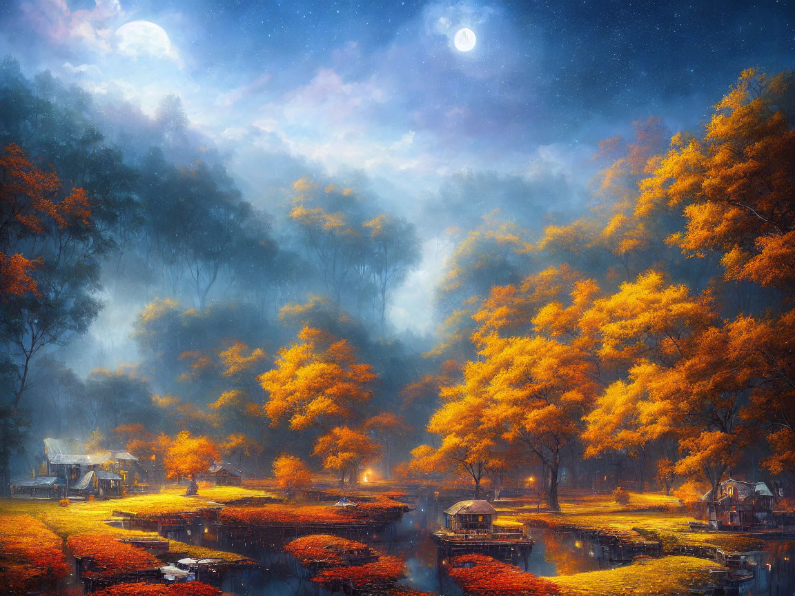 Autumn landscape with golden trees, misty river, huts, moon