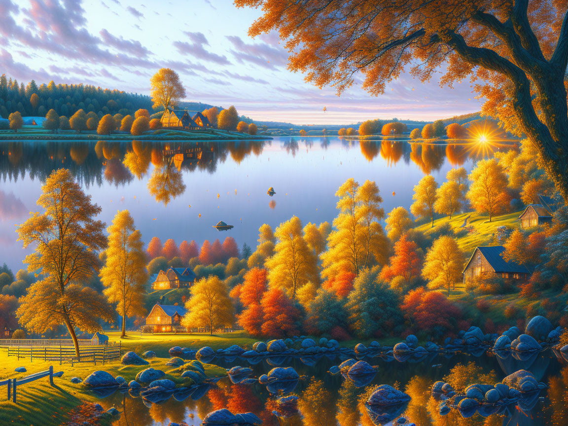 Tranquil autumn landscape with colorful trees, lake, cottage, sunrise