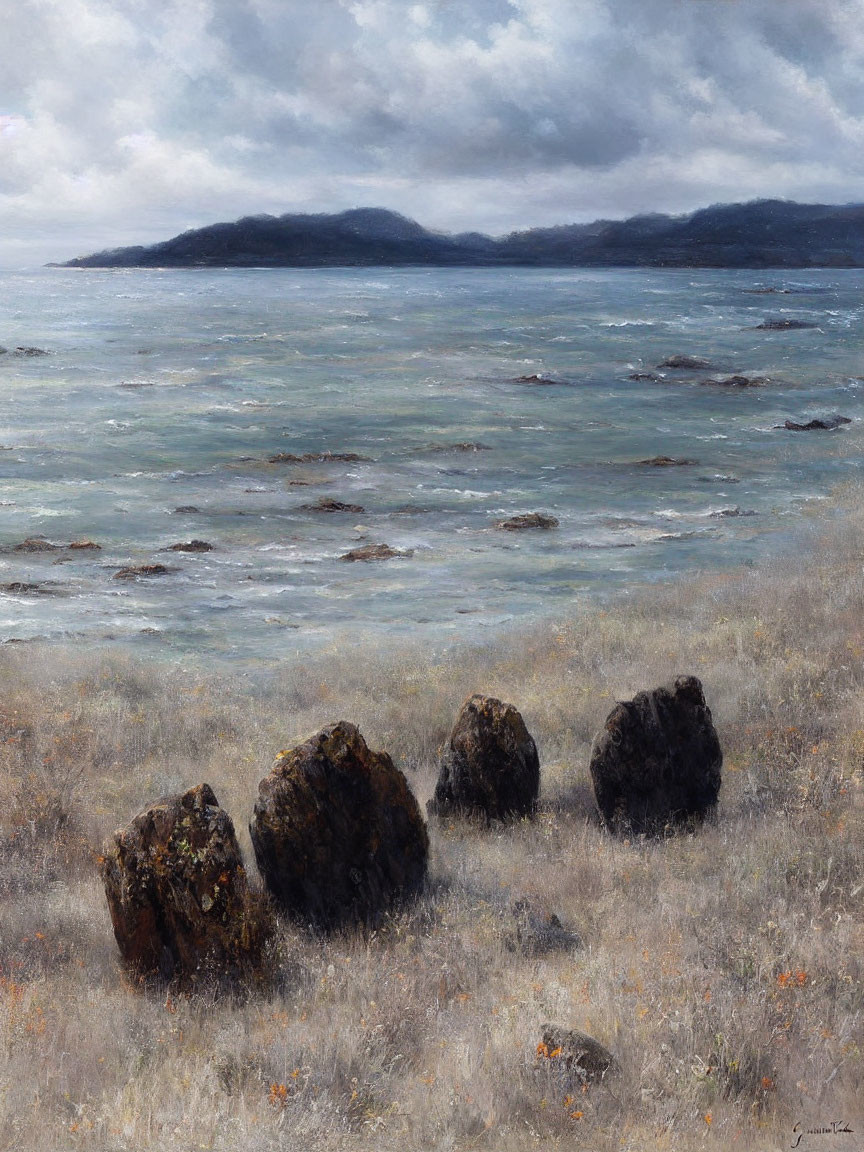 Coastal painting with boulders, dry grass, island, and cloudy sky