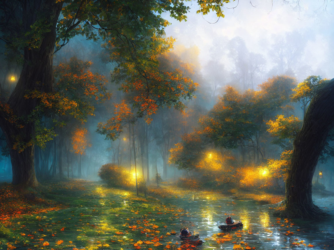 Tranquil autumn landscape with ducks, misty path, and golden leaves