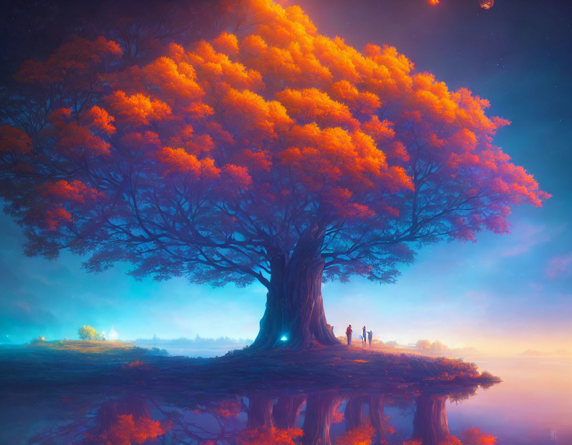 Majestic tree in vibrant fantasy landscape with purple and blue sky