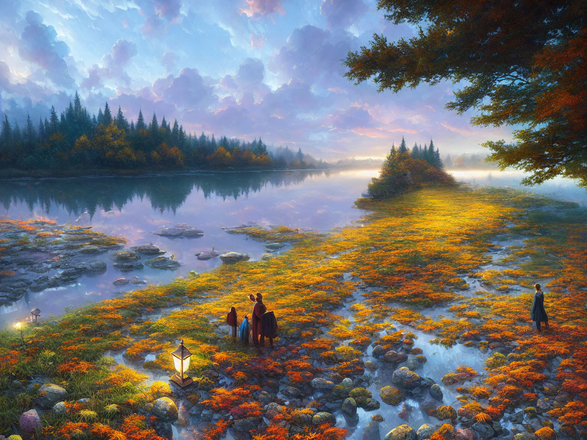 Couple with Dog at Misty Lake in Autumn Sunrise