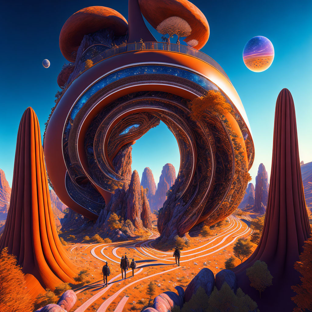 Futuristic landscape with infinity-shaped structure and orange spires