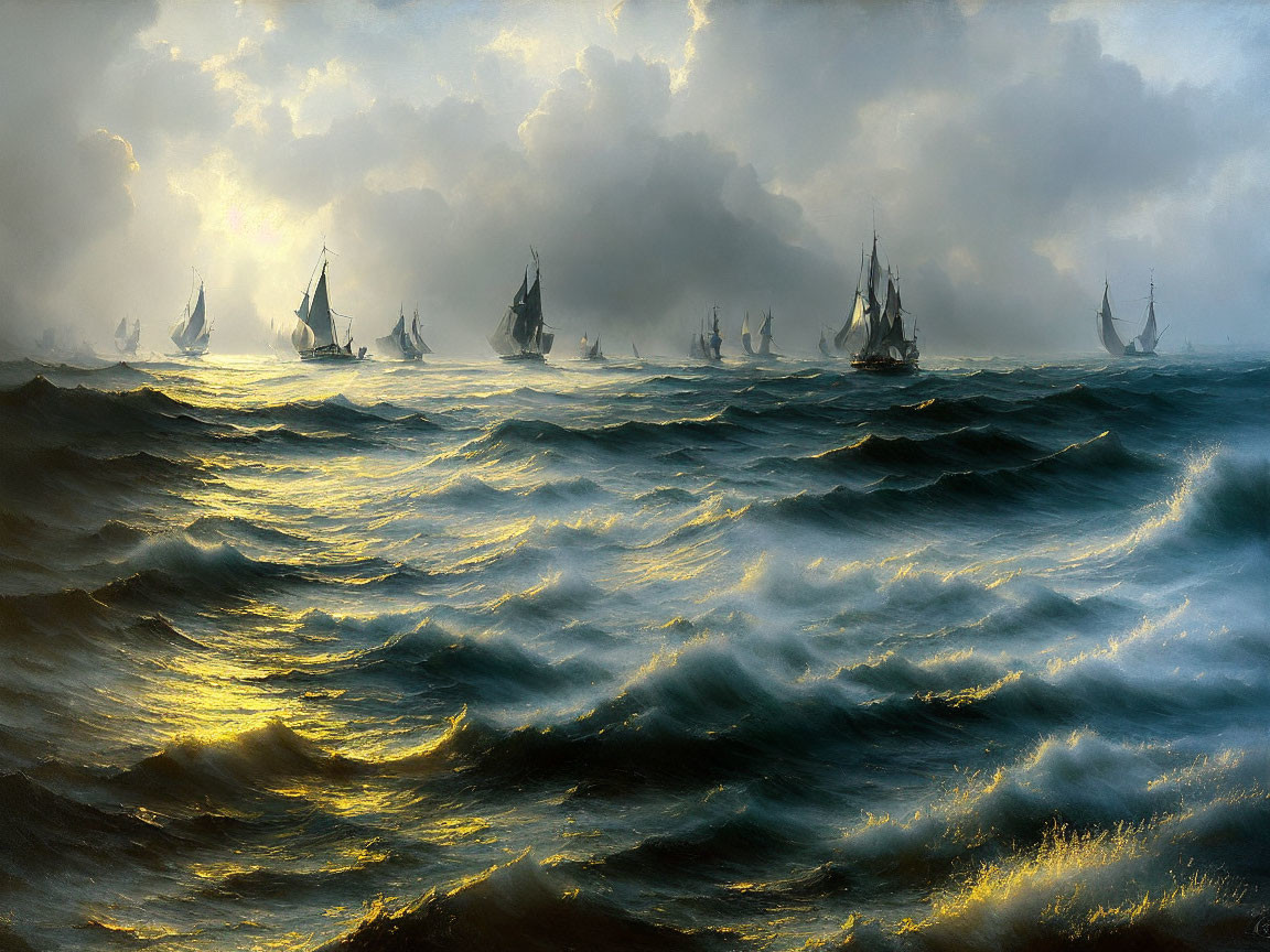 Sailing ships on turbulent ocean under dramatic cloudy sky