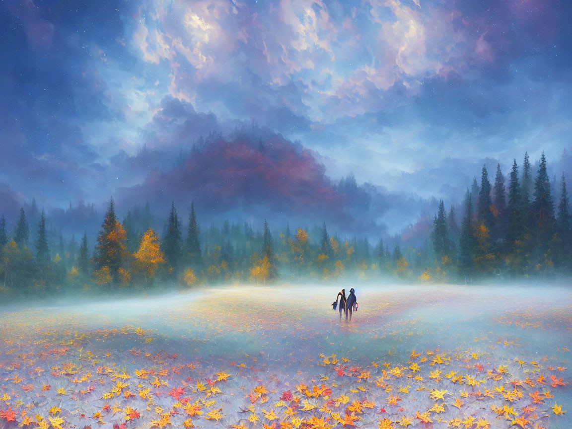 Couple walking in misty autumn field under twilight sky